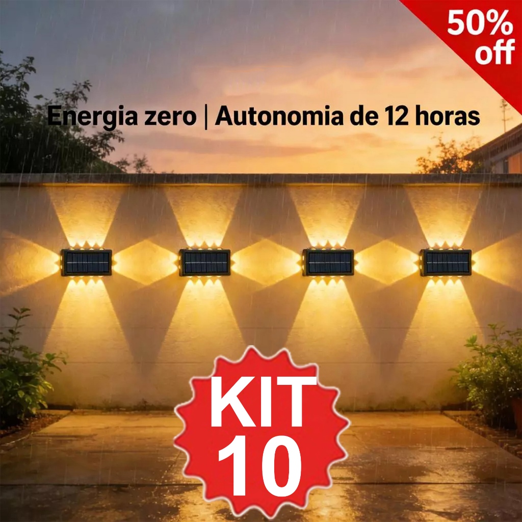 Até 10 Luminárias de Parede Externa Solar LED, Auto Ligar/Desligar,À Prova d'Água para Jardim e Muro em Oferta na Shopee