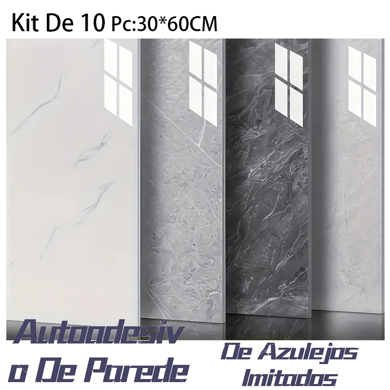 KIT 10 Adesivos de Parede 60CMx30CM Revestimento em Mármore Placas Adesivas Banheiro Cozinha Lavabo Cerâmica