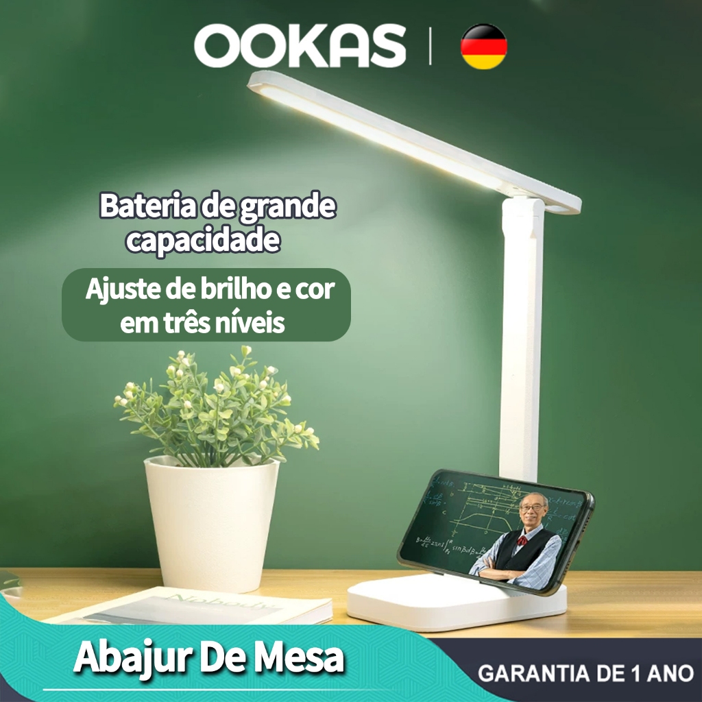 OOKAS Luminária Abajur De Mesa Recarregável Luz Led Sem Fio Luminária De Estudo Sensível Ao Toque