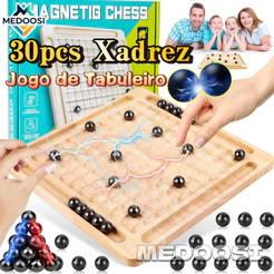 MEDOOSI Xadrez Magnético de Madeira Portátil Jogo de Tabuleiro Infantil com 30Peças Brinquedo Educativo para Interação