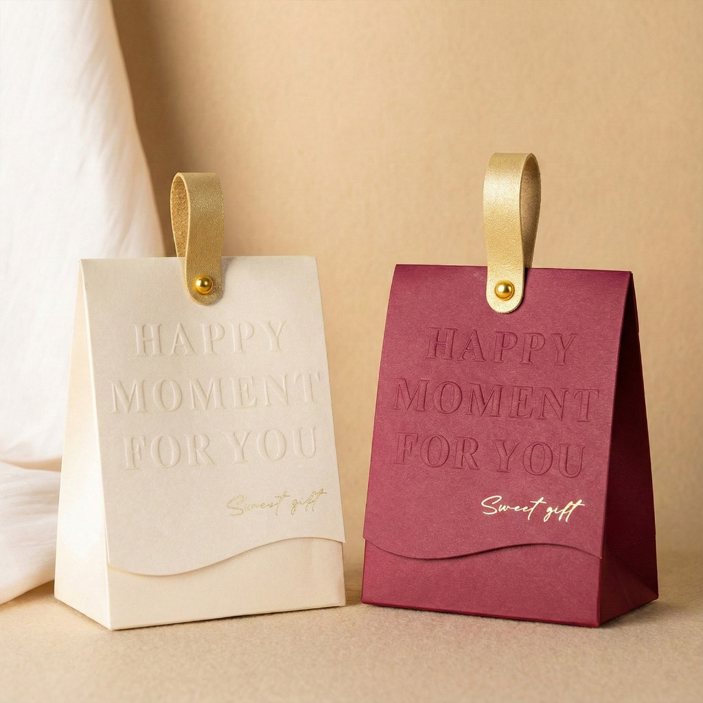 10/30 Caixas de Presente Luxo com Alça de Couro Dourada e Design "Happy Moment" para Casamento e Festas