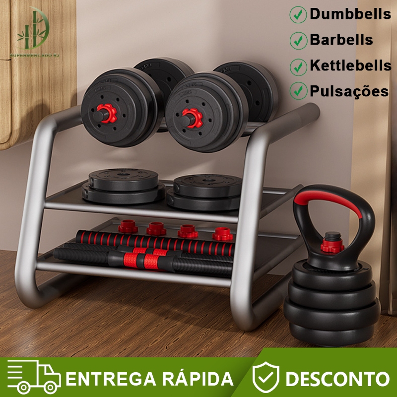 15KG Halteres Barra Kettlebell Ajustável 6 em 1 Peso Musculação treino em casa