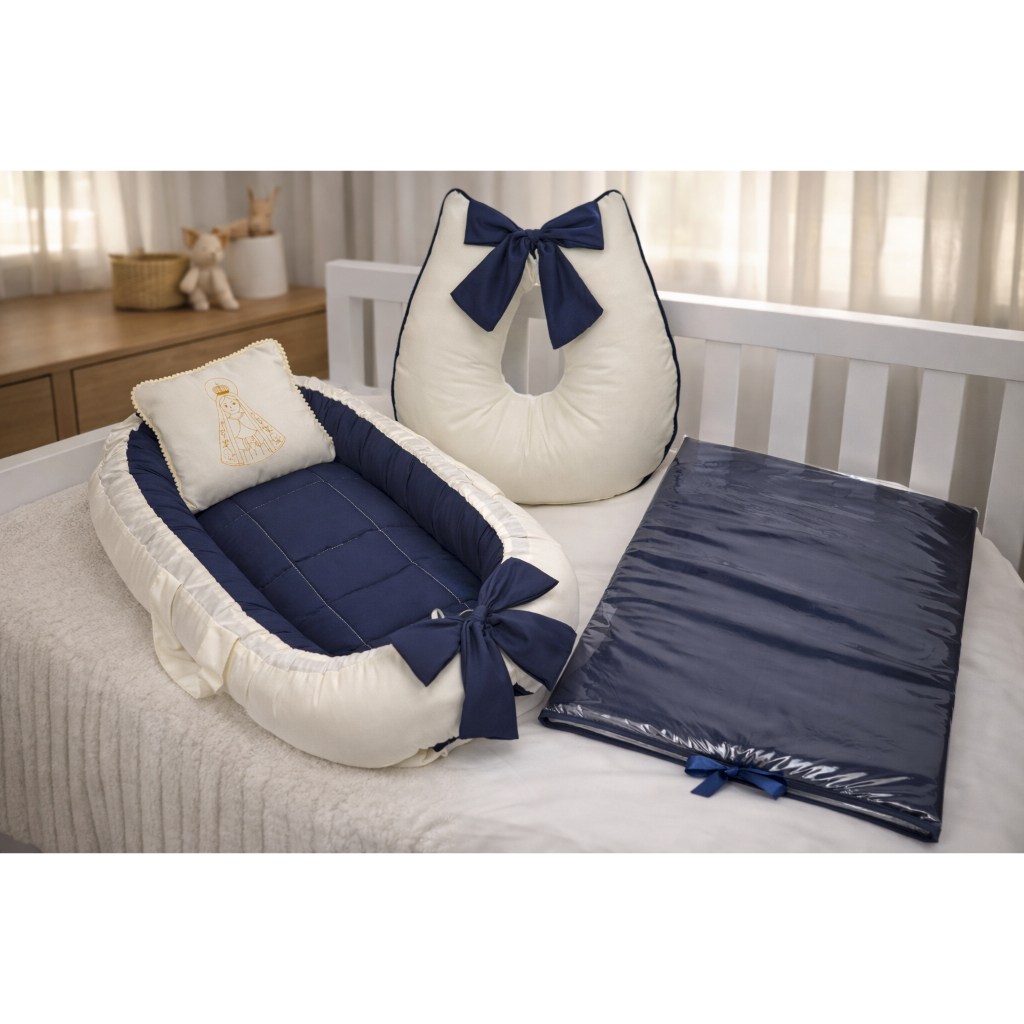 Kit 3 Peças Bordado Aparecida Ninho Redutor para Bebê Almofada de Amamentar e Trocador Impermeável em Oferta na Shopee
