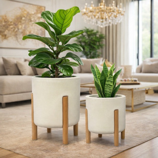 Kit 2 Vasos De Planta Mônaco P & M (29&37CM) // Cilíndrico com pé em Madeira Design Moderno em Oferta na Shopee