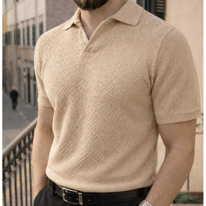 Polo Italiana texturizada sem botão, manga slim. em Oferta na Shopee