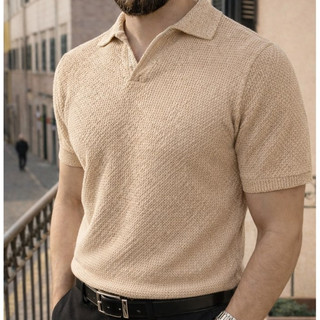 Polo Italiana texturizada sem botão manga slim Camisa Polo Masculino Luxo Old Money