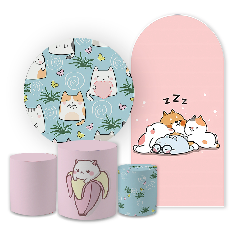 Kit Casadinho Capas De Painel E Cilindro Tema Gatinho Cute Festa Infantil Menina Menino Estilo Fofo