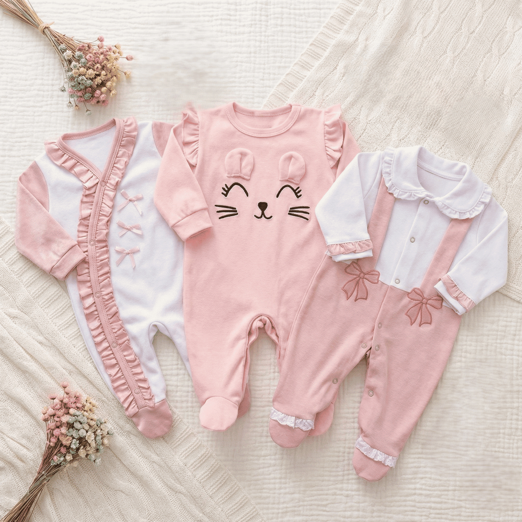 Kit macacões bebê menina 3 peças em algodão Eloá