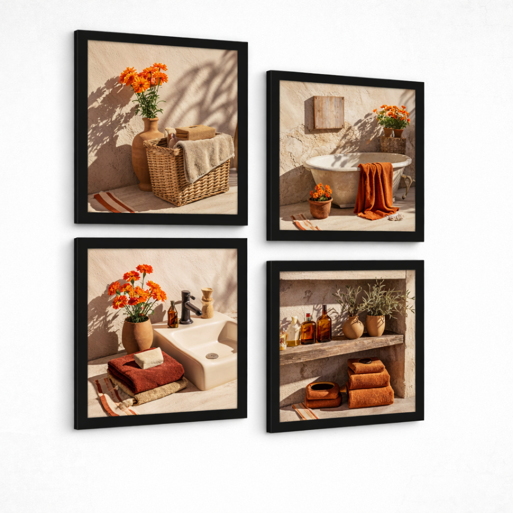 Kit 4 Quadros Decorativos Flor Banheiro Estilo Spa Rústico  Aconchego & Elegância