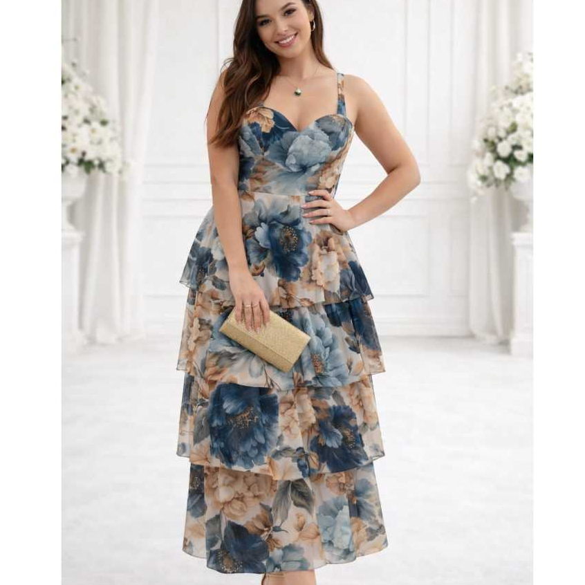 Vestido longo mídi de tule com babados lisos e estampas florais