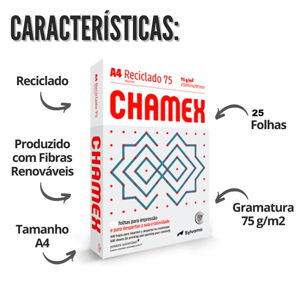 PAPEL SULFITE A4 RECICLADO CHAMEX 75 G COM 25 FOLHAS. – (FAVOR LER A DESCRIÇÃO)