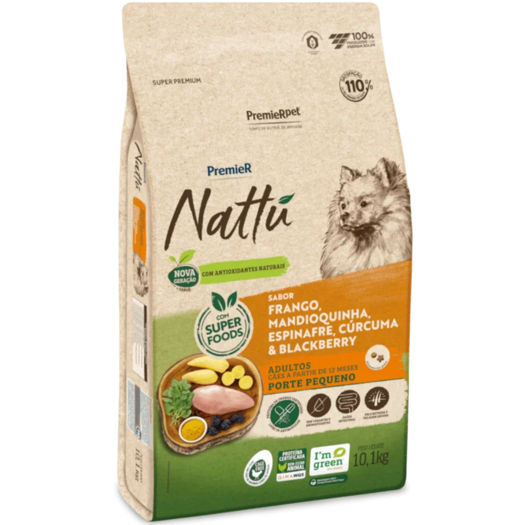 Ração Premier Nattu Cães Adulto Pequeno Porte Frango/Mandioquinha/Espinafre 10,1kg