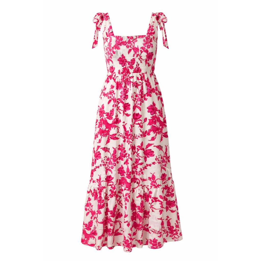Vestido floral longuete rosa soltinho com compressão na cintura e busto em Oferta na Shopee
