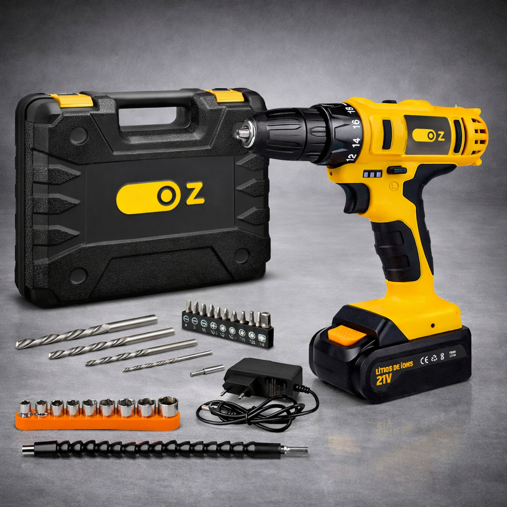Parafusadeira Furadeira Elétrica Sem Fio C/ Impacto 21V Bivolt PB6500K E Maleta Com Acessórios Oz em Oferta na Shopee