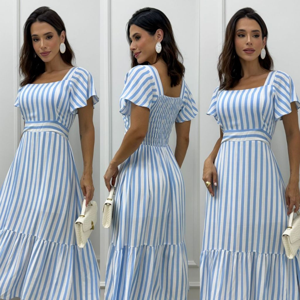 Vestido Feminino Midi Com Manga Listrado Com Elastex nas Costas Bojo Forro Elegante Moda Social em Oferta na Shopee