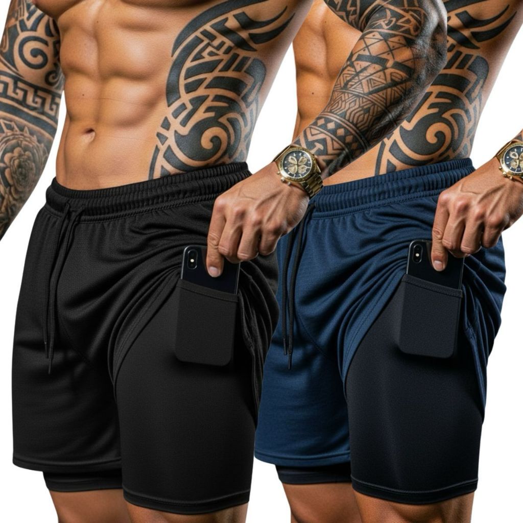 Kit 2 Shorts Masculinos 2 em 1 Esportivos Mobilidade Desempenho e Visual Moderno