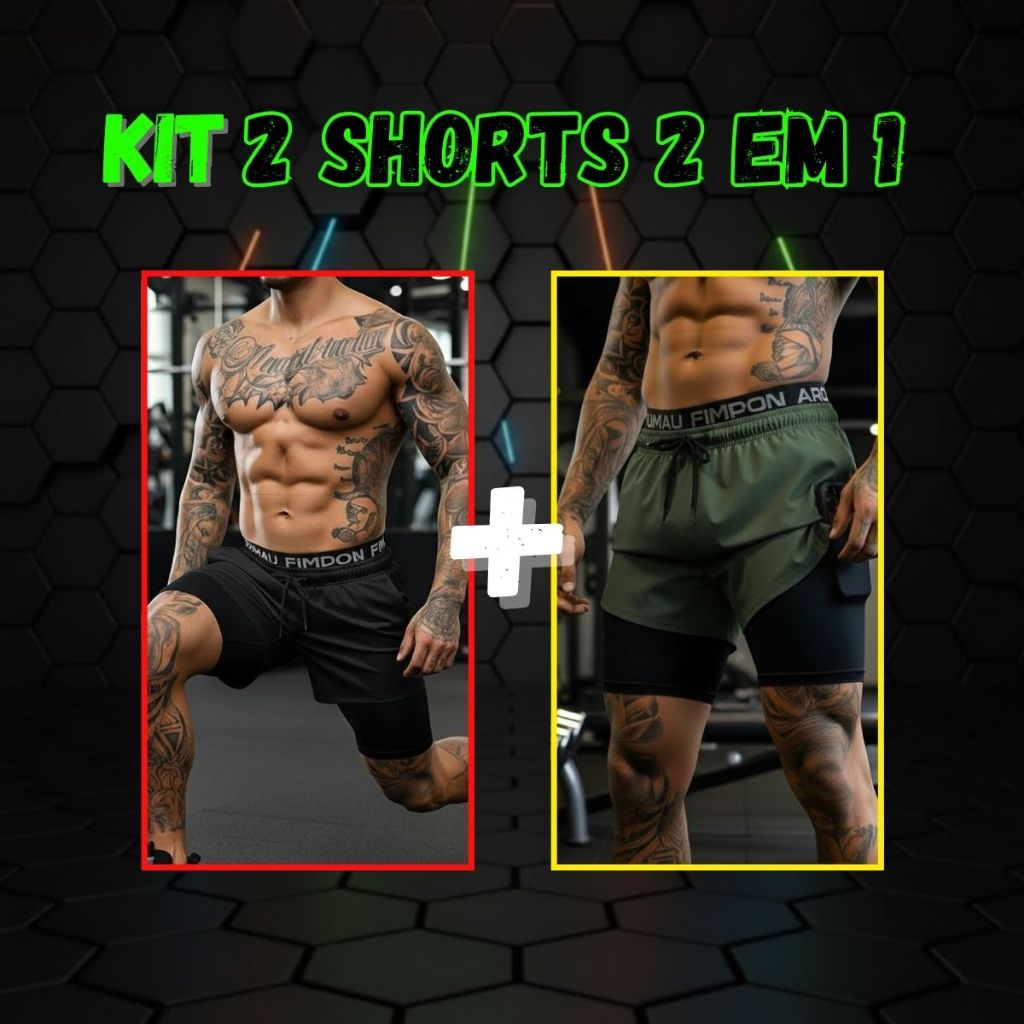 Kit 2 Shorts 2 em 1 Masculino Dry Fit com Bolso e Compressão Academia Corrida Treino