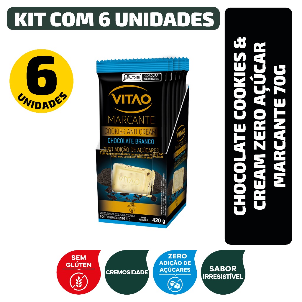 Kit Chocolate Cookies & Cream Zero Açúcar Marcante 70G - 6 Unidades em Oferta na Shopee