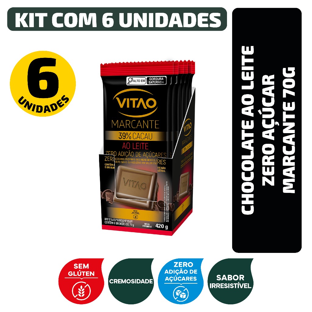 Kit Chocolate Ao Leite Zero Açúcar Marcante 70G - 6 Unidades em Oferta na Shopee