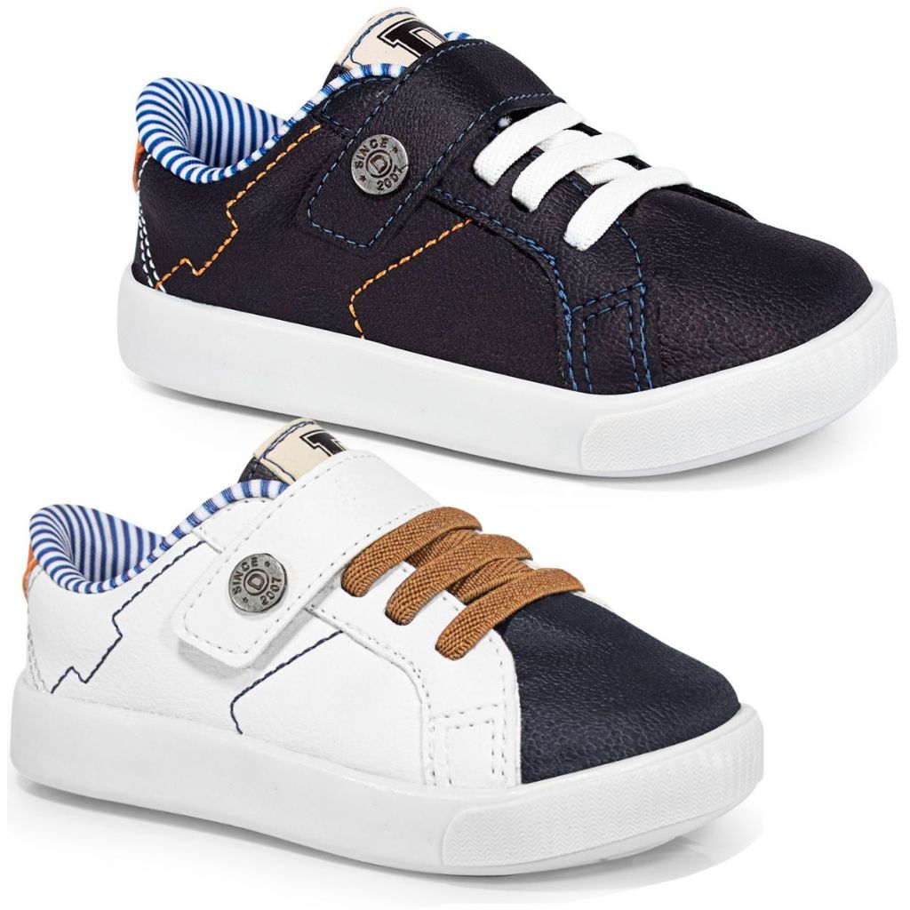 Tênis Infantil Menino Sapato Escola Calce Fácil Masculino Passeio Confortável Branco e Azul Marinho