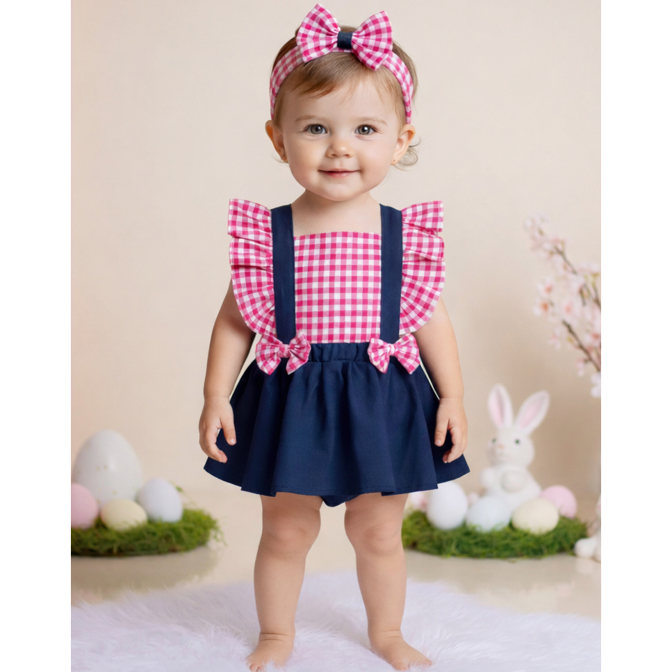 Jardineira Saia Body Xadrez Bebê Menina Festa Junina Mesversário Leve Rodado Luxo Fofo C/ Laço