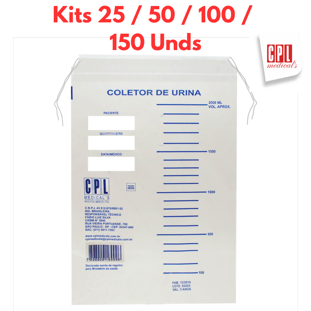 Saco Coletor de Urina Adulto 2.000ml Sistema Aberto CPL (25, 50, 100 ou 150 unidades)