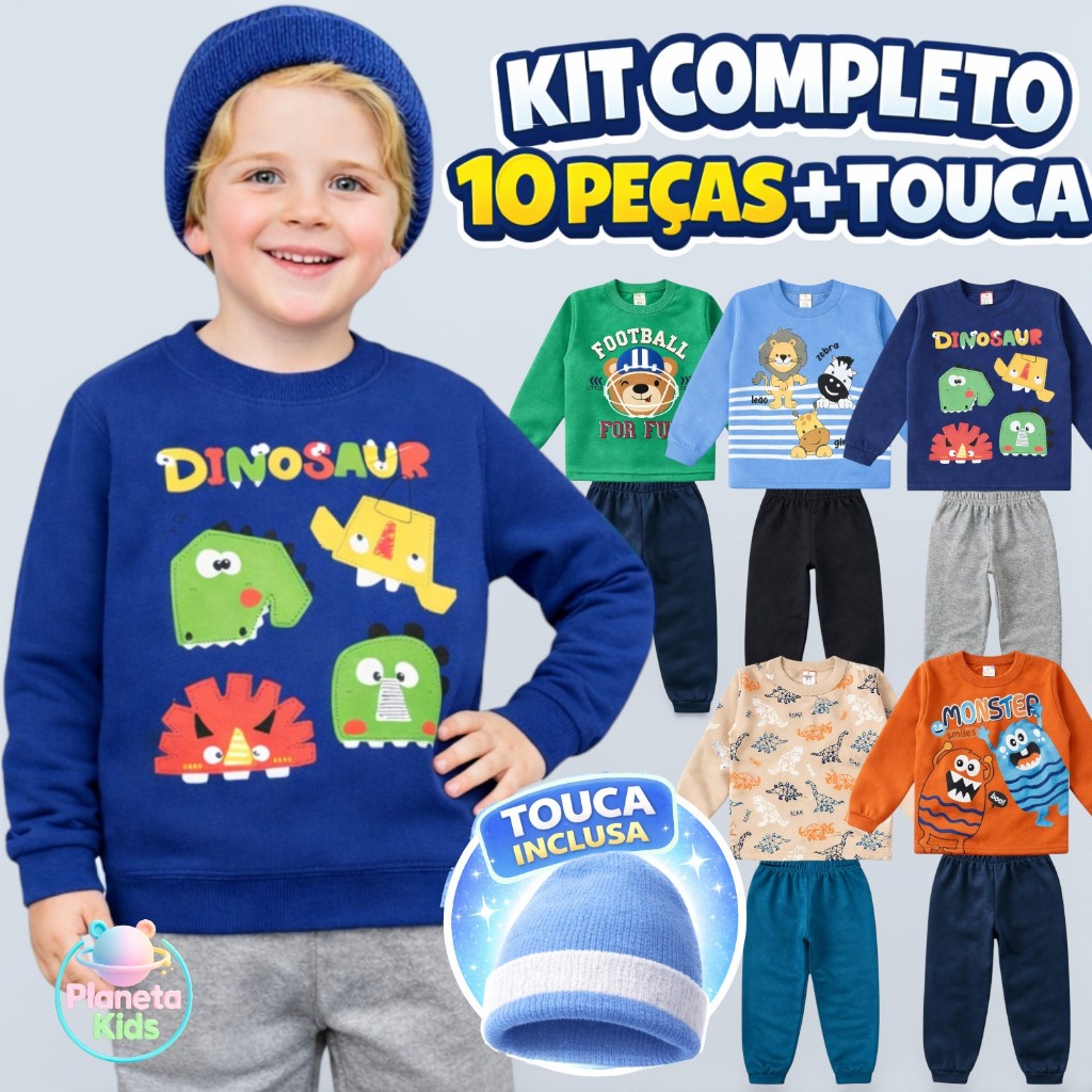 Kit 10 Peças Moletom + Touca Infantil Menino 1 a 8 Inverno em Oferta na Shopee