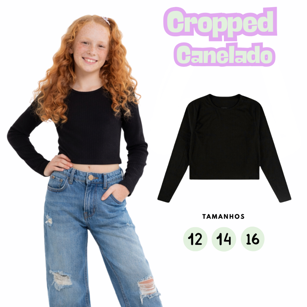 Blusa Cropped Canelada Manga Longa Gola Rodonda Infantil Juvenil Menina Feminino Tamanho 12 ao 16