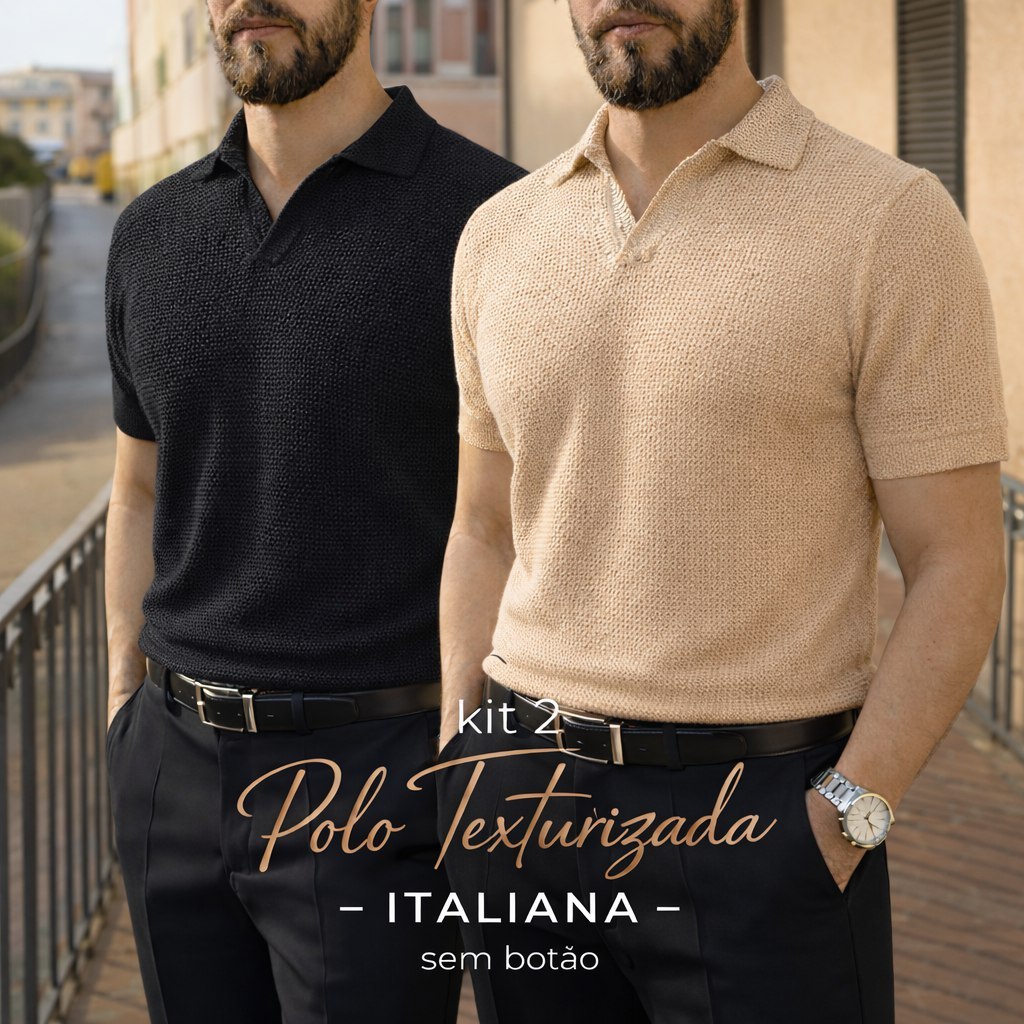 Kit 2 De Polo Italiana texturizada sem botão, manga slim. em Oferta na Shopee