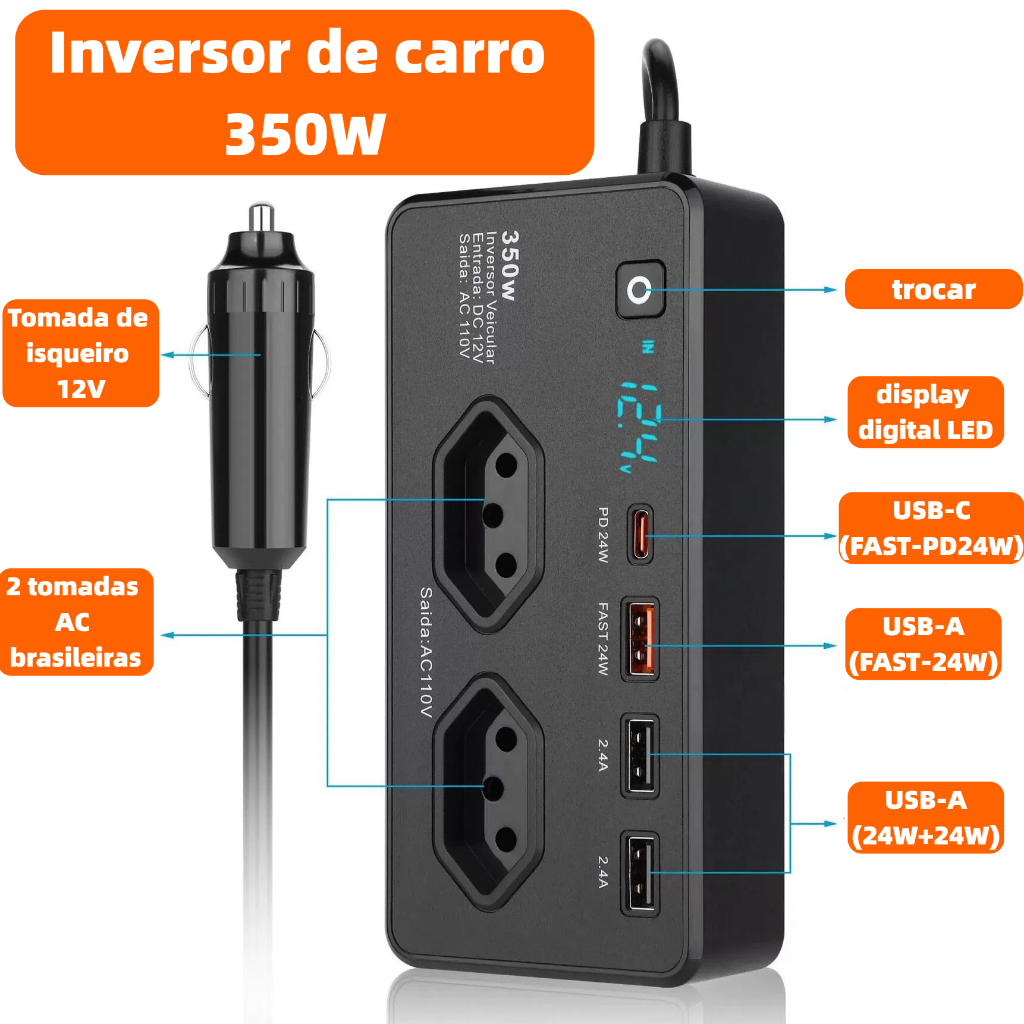 Inversor Tensão 12v Para 110v 350w Conversor Automotivo Tomada + 3 Usb+1TIPC BM-F1522 em Oferta na Shopee