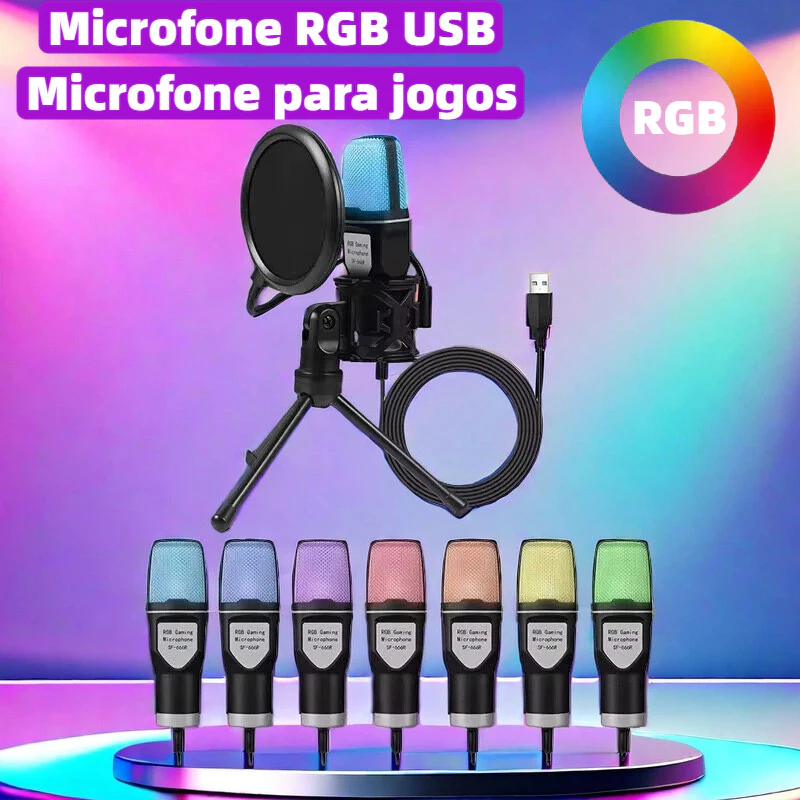 Microfone Gamer Condensador Podcast Alta Sensibilidade Rgb Microfones com proteção contra respingos e tripé MT-021