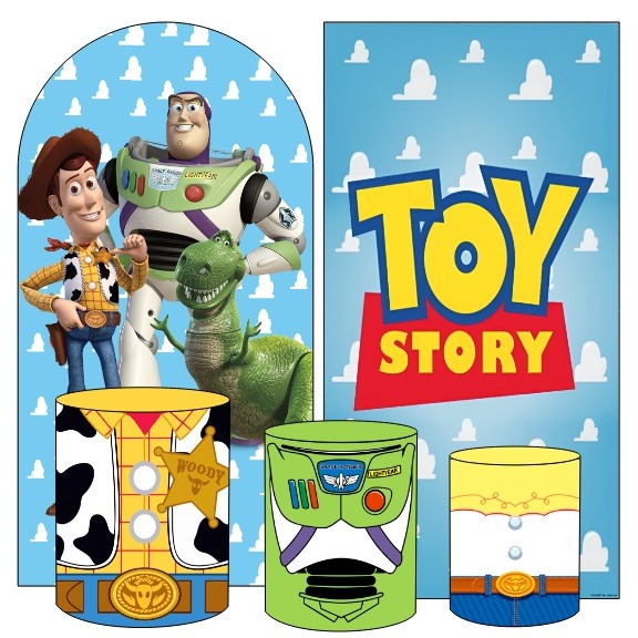 KIT PAINEL DE FESTA TOY STORY, ROMANO 200X100 C/ ELÁSTICO NAS BORDAS, VERTICAL S/ ELÁSTICO 200X100, 3 CAPAS DE CILINDROS