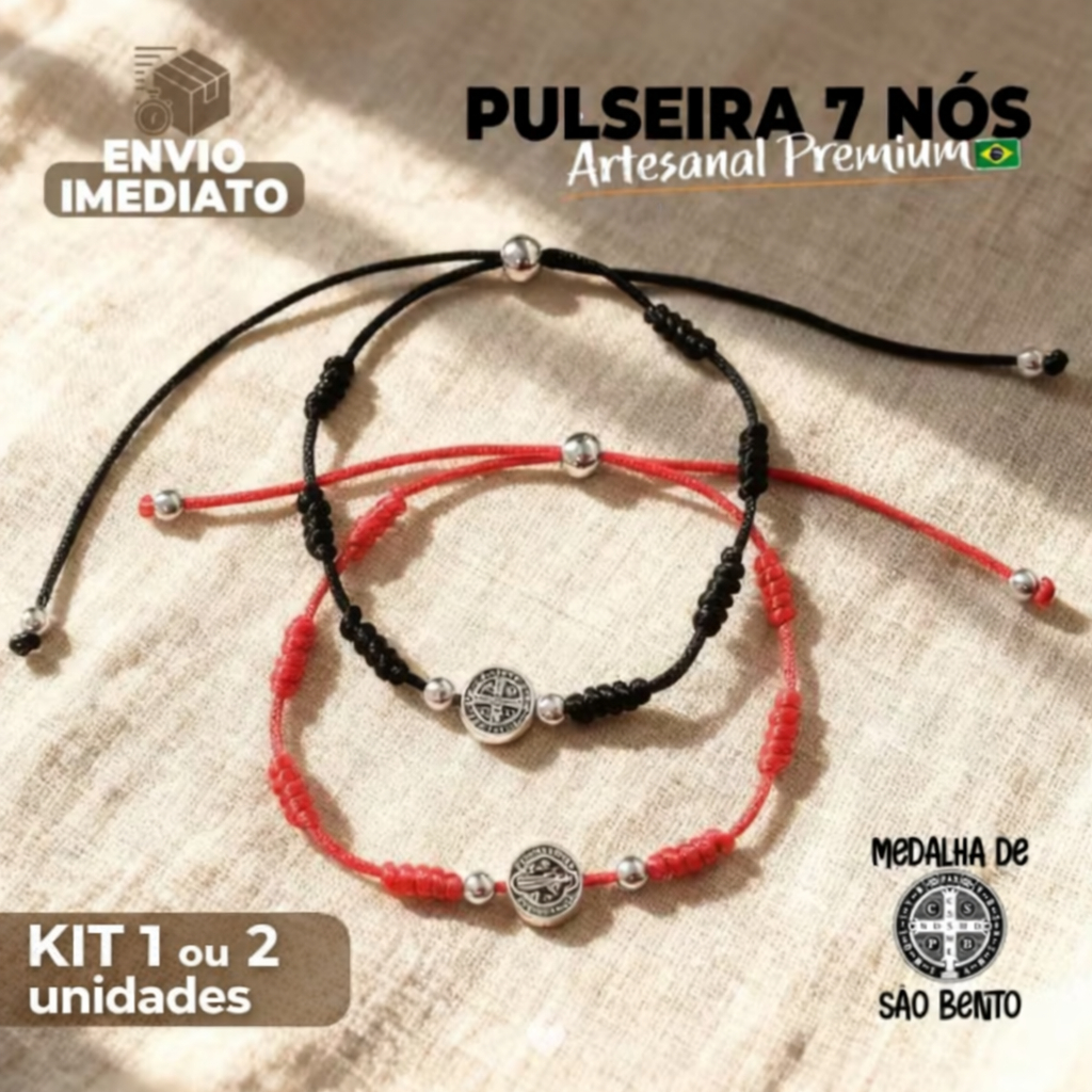 Pulseira 7 Nós Vermelha ou Preta de Proteção Kabbalah Cabala São Bento sete nós em Oferta na Shopee