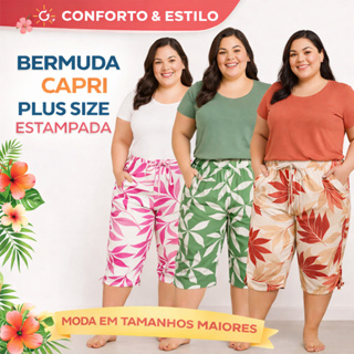 Bermuda Capri Feminina Plus Size Estampada Cintura Alta Confortável Verão Tecido Leve | 3742 | Oferta em Oferta na Shopee