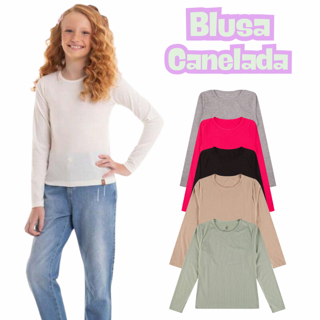 Blusa Malha Canelada Manga Longa Infantil Juvenil Inverno Frio Menina Feminino Tamanho 10 ao 16