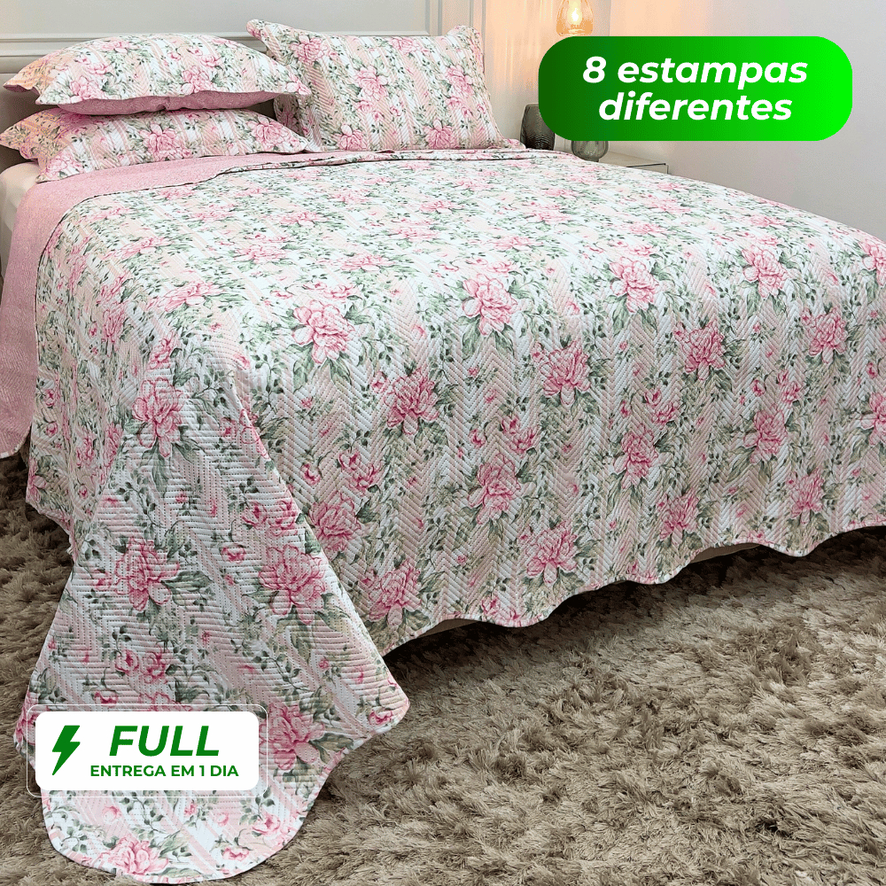 Kit Cobre Leito Colcha Casal Queen King 3 Peças Estampada Florida Matelado Dupla Face Percal Box