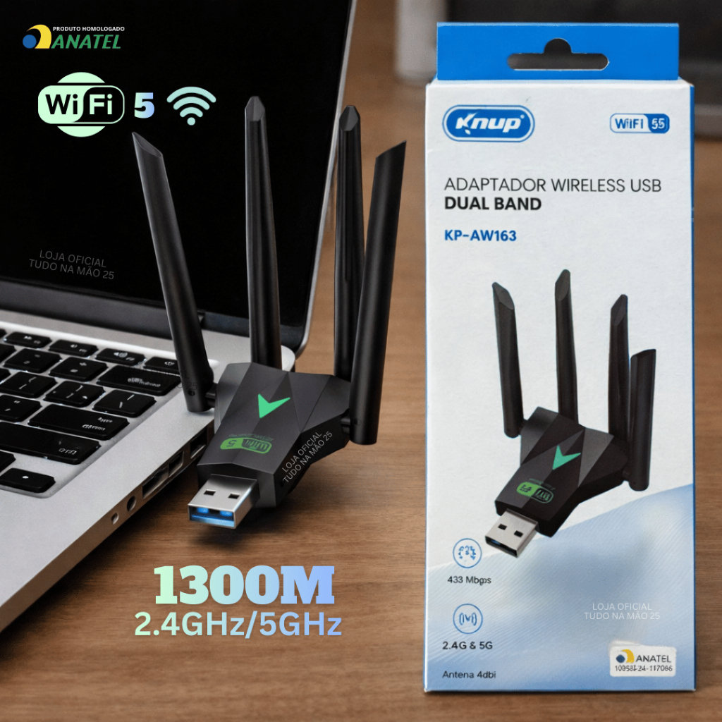 [NOVO] Adaptador Receptor Wifi 4 Antena USB Wireless Dual Band 1300Mpbs Notebook Internet High Speed