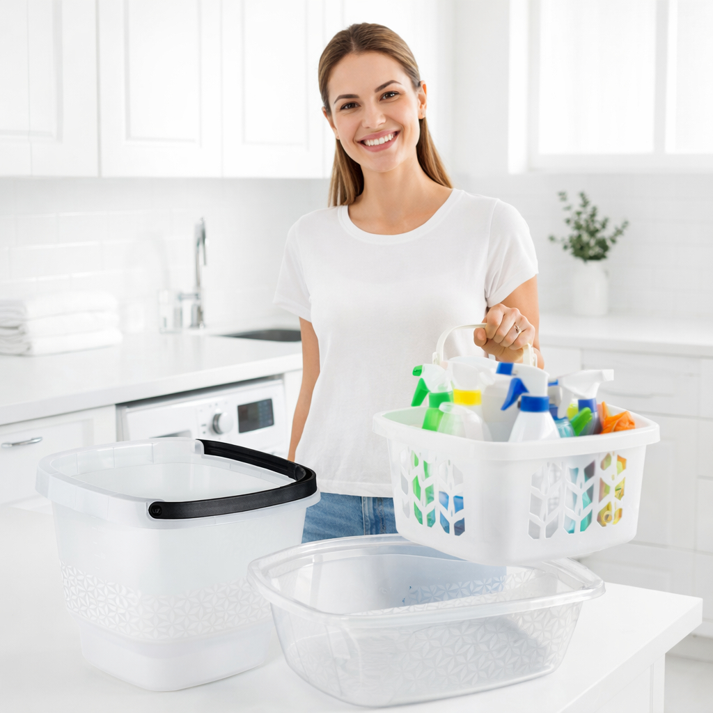 Kit Lavanderia Multiuso Balde 12L + Bacia 8,5L + Cesto Organizador Produtos de Limpeza Uz Utilidades em Oferta na Shopee