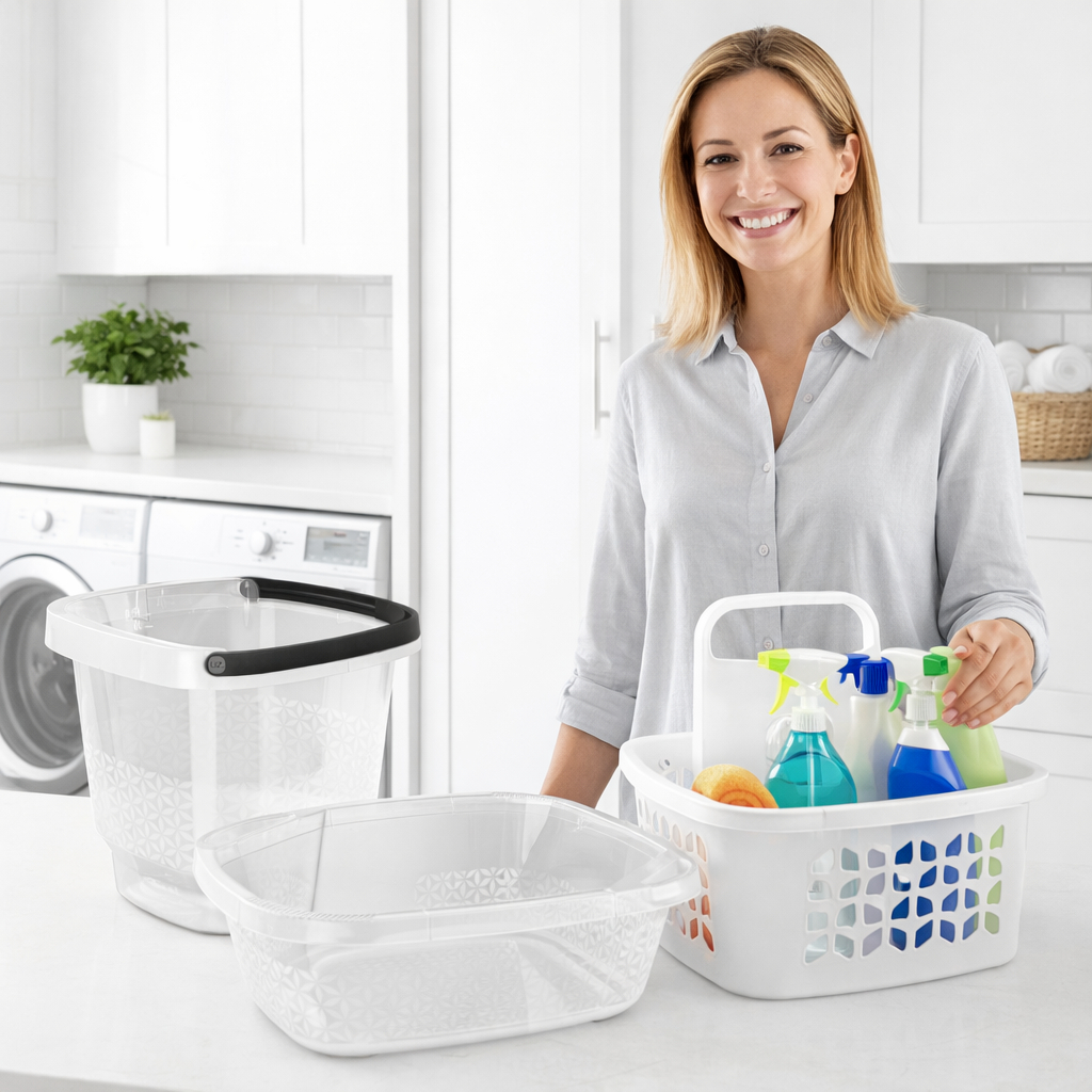 Kit Organização Lavanderia Balde 8,5L + Bacia 8,5L + Cesto Organizador Multiuso Limpeza UZ Utilidades