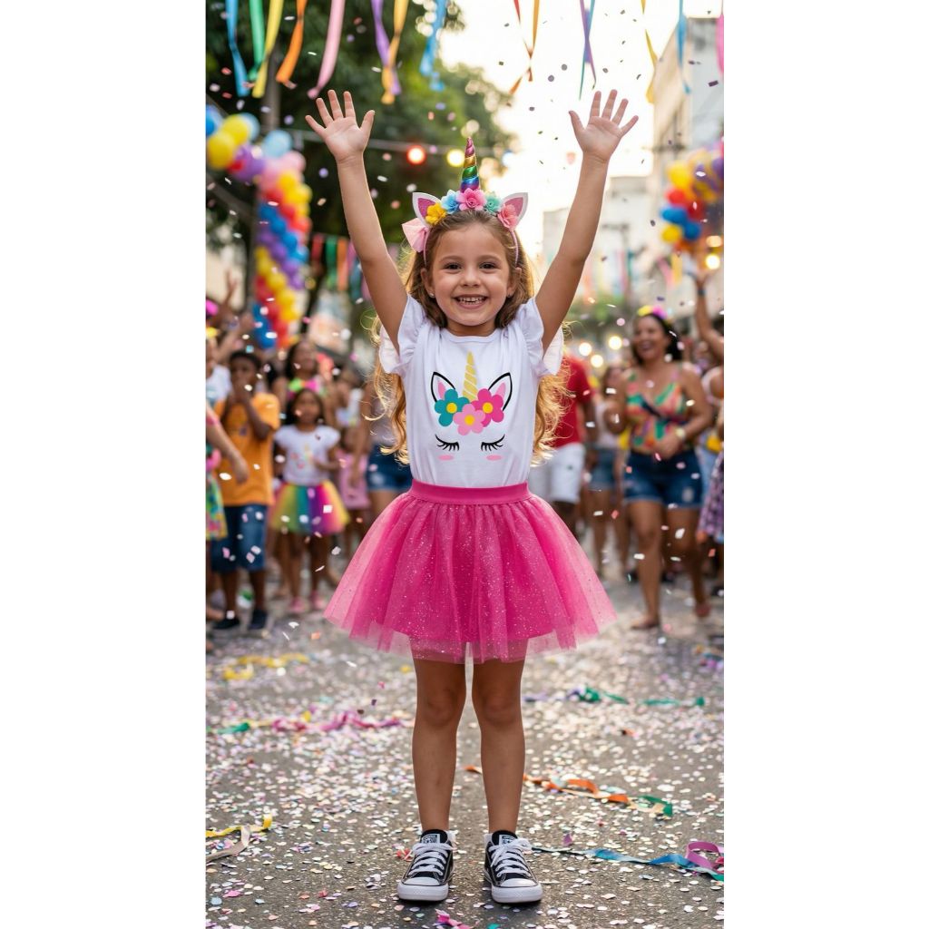 Conjunto infantil unicórnio para meninas saia tule Gliter rosa pink fashion e blusa branca verão fantasia