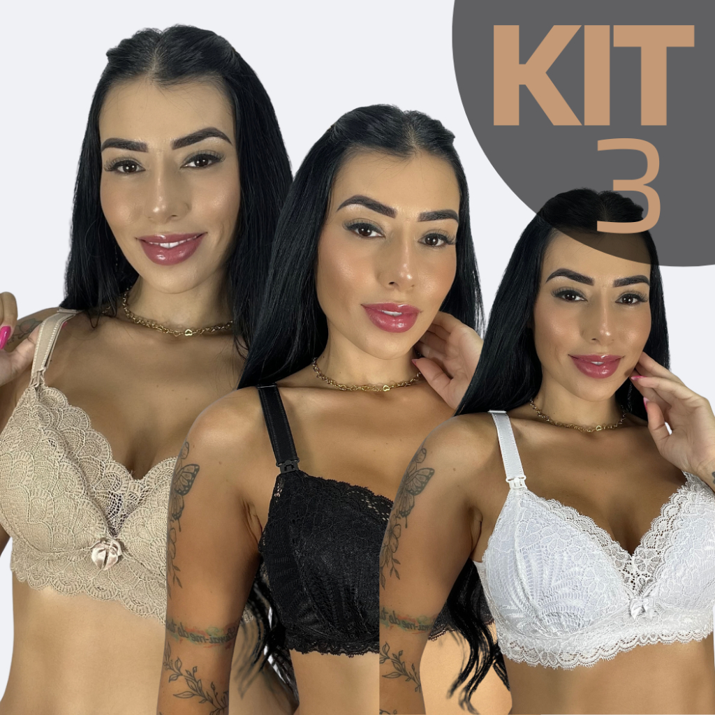KIT 3 Sutiã Amamentação Com Bojo Soft Reforçado Alça Larga Gestante Pós Parto Easy Click Para Amamentar