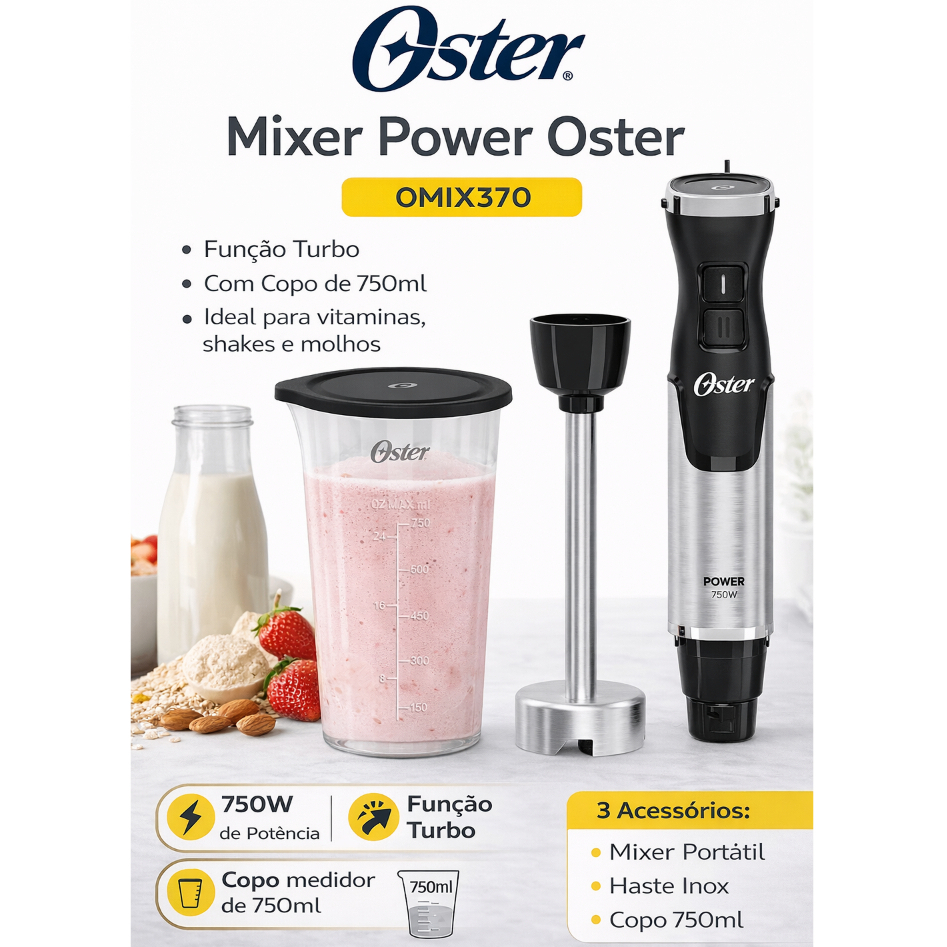 Mixer Power Oster OMIX370 Função Turbo Com Copo 750ml Liquidificador Portatil Misturador Shakes Whey