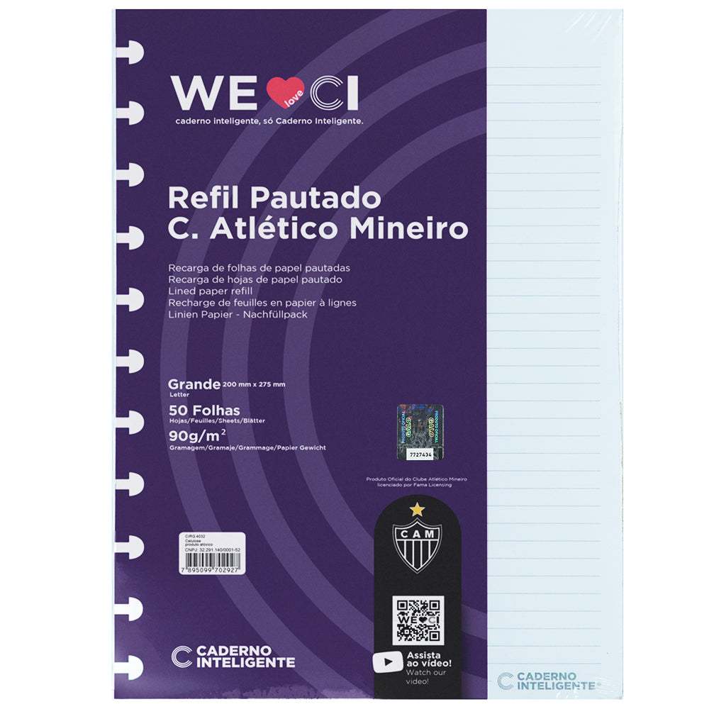 Refil Pautado Atlético Mineiro Caderno Inteligente Tamanho Grande 215x280mm