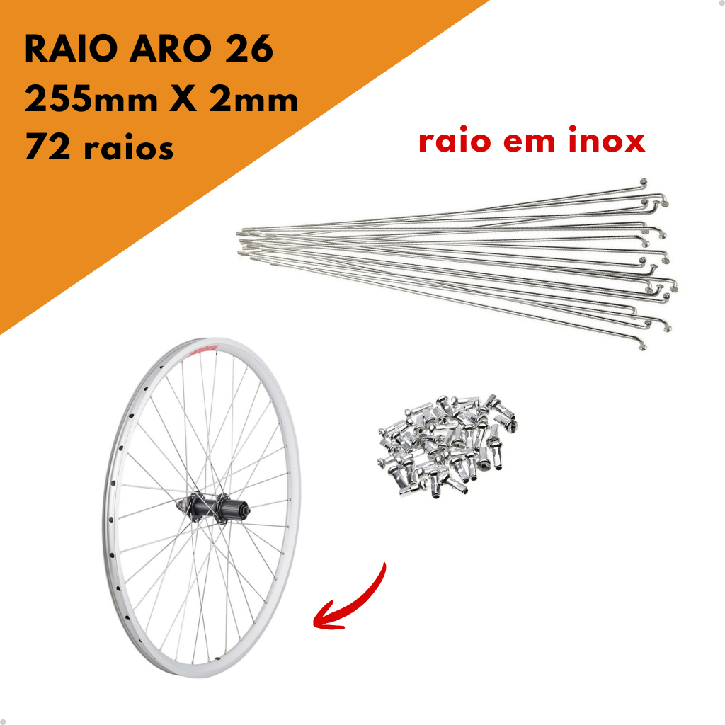 Raio Inox Para Bike Aro 26 Mtb Enduro 255mm X 2mm Jogo Com 72 Raios Inox Polidos