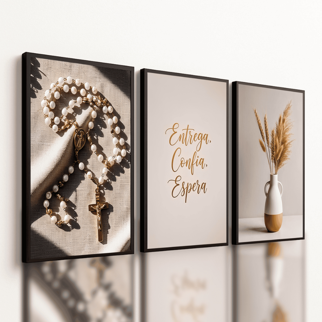 Kit 3 Quadros Decorativos Sala Quarto Motivacionais Religiosos Rosário Fé Minimalista Moderno