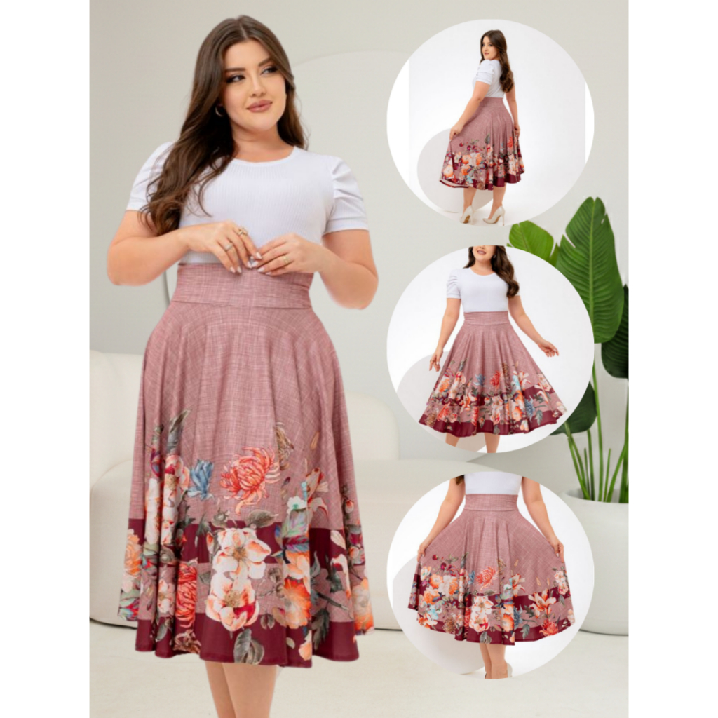 Saia Midi Rose Nova  Florido Godê Moda Feminina P ao G3 Lançamento Suplex Digital