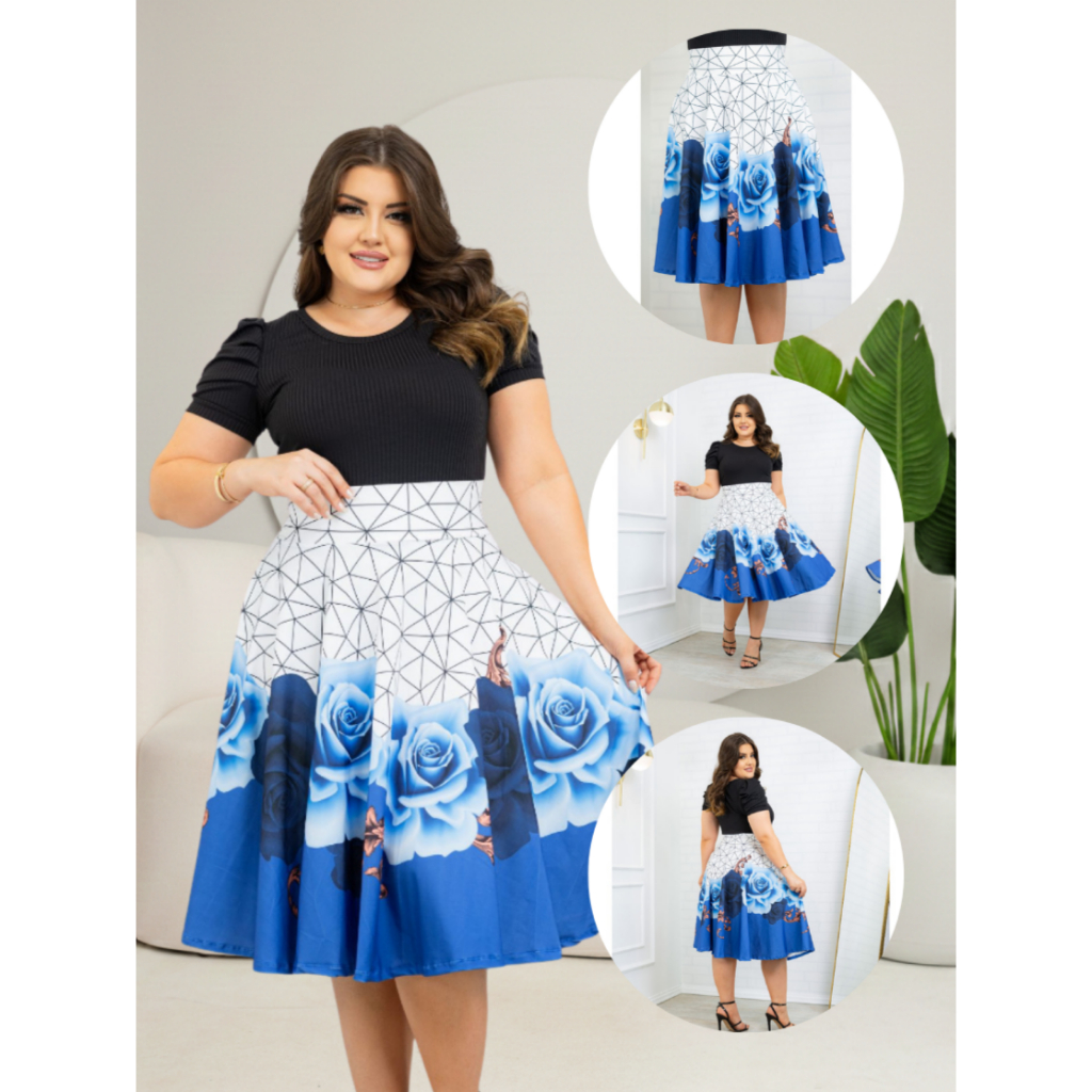 SAIA Midi Estampada Branca Com Barra Azul Florido Godê Midi Evangélica