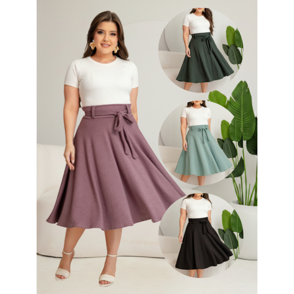 Saia Midi Godê  - Modelo BRUNA Com tira de amarrar do M ao G1 em Oferta na Shopee