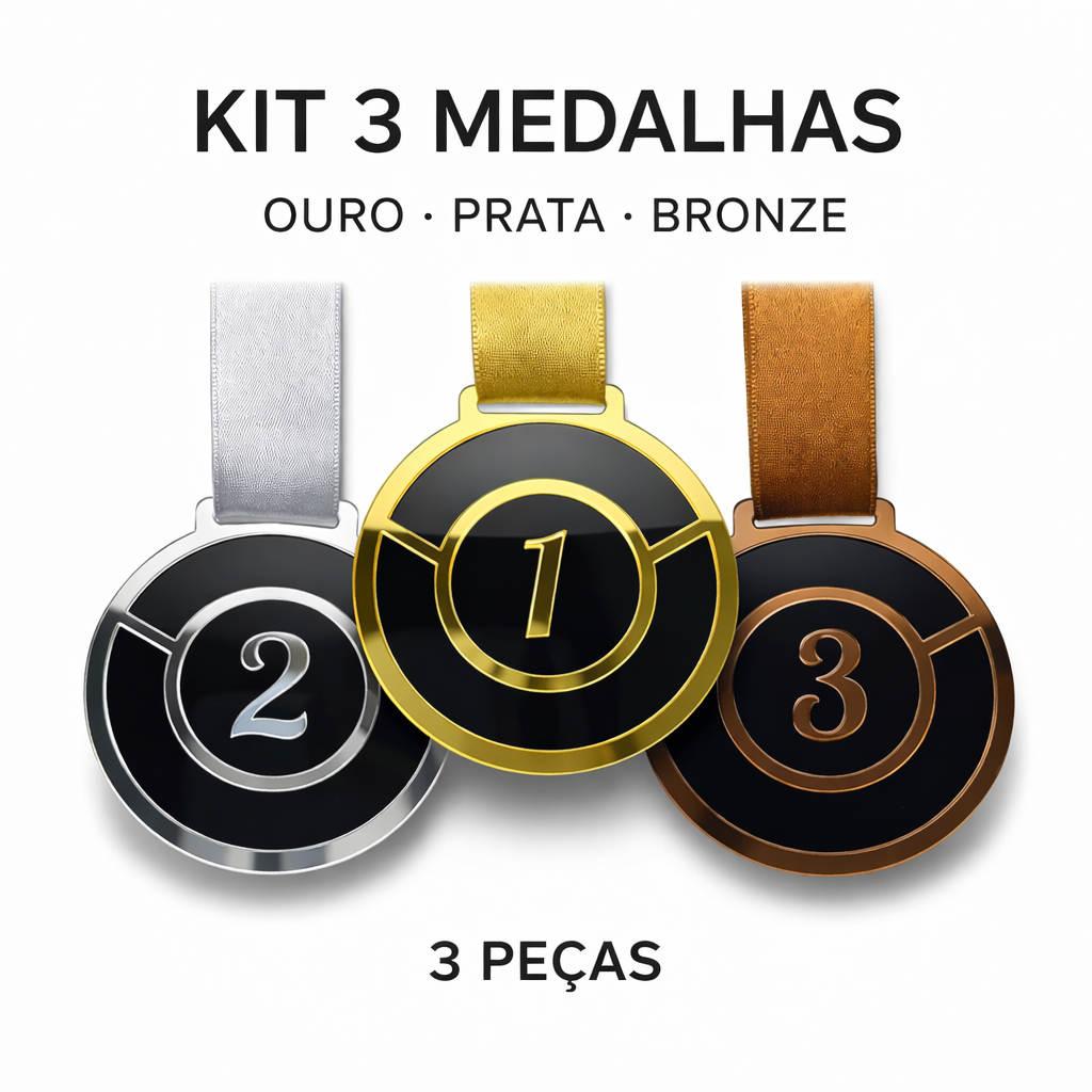 Kit 3 Medalhas Esportivas em Acrílico 2mm Com Fitas Cetim 20mm