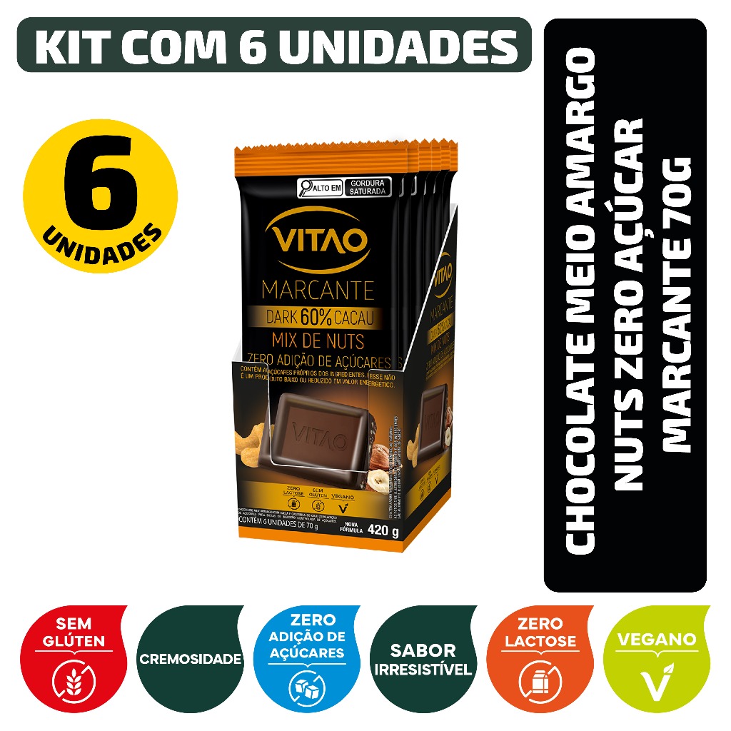 Kit Chocolate Meio Amargo Nuts Zero Açúcar Marcante 70G - 6 Unidades
